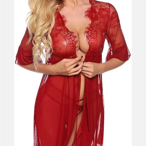 Women's Sexy Lingerie Babydoll Lace Chemise Sheer Mesh Open Front Sleepwear Set - Picture 4 of 6